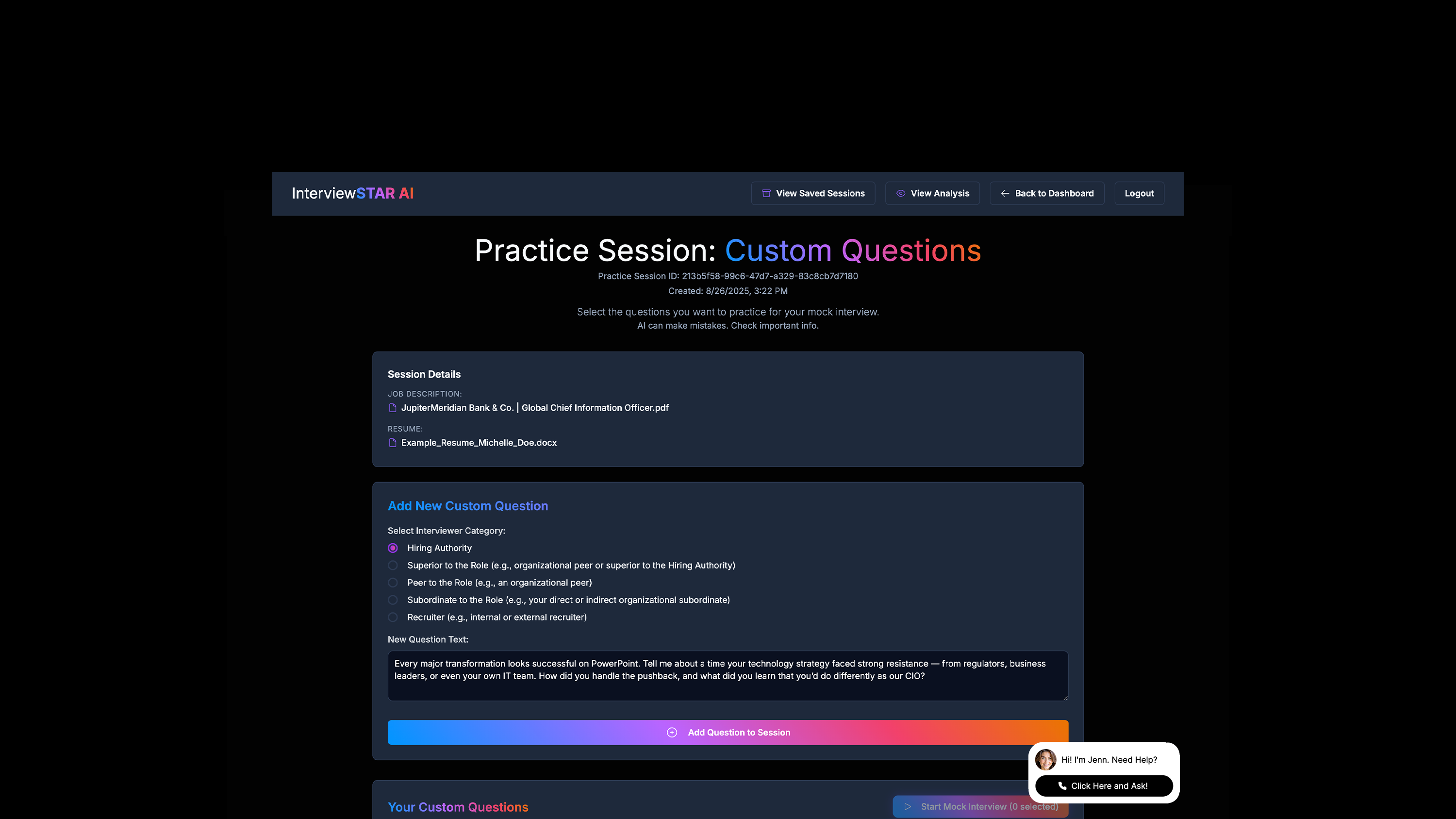 Custom questions interface.